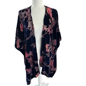Derek Heart Women Velvet Burnout Kimono Small/Medium Blue Floral Open Front Boho